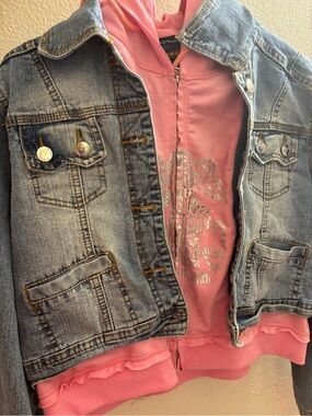 Kids Pink Hoodie with Denim Jacket Layered Jacket Set